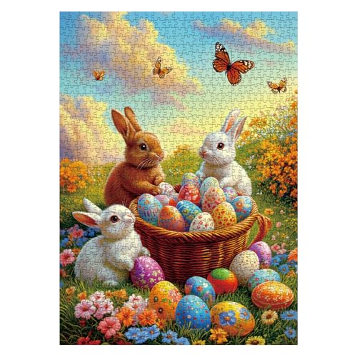 Puzzle Bunny Easter Eggs para Adultos 1000 Piezas, Rompecabezas Jigsaw Conejo de Pascua, Flowers Coloridos y Mariposas miniatura 2