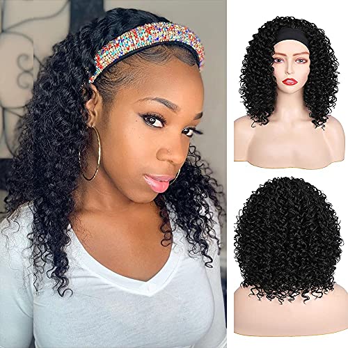HeadBand Wig Curly Human Hair Wig None Lace Front Wigs for Black Women Deep Wave Machine Made Wigs Natural Color 150% Density (186/1B)