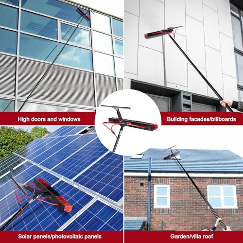 Image of 35ft Long Reach Solar Panel Cleaning Brush & Squeegee Kit, Aluminum Extendable Water Fed Pole Kit, 22in Wide Brush,Squeegee, Bendable Dusting Brush, Outdoor Window Washing Equipment Tool Kit