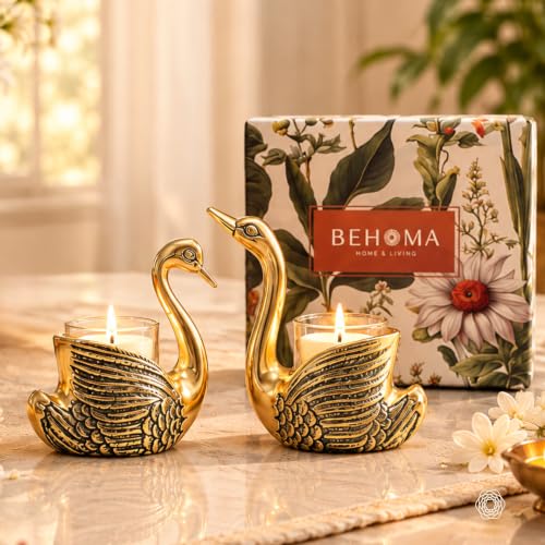 BEHOMA Metal Pair of Swan Candle Holder Hamper with Votives, Gold