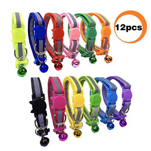 PACCOMFET 12 Pcs Breakaway Cat Collar Nylon Reflective Cat Collar with Bell, Multicolor