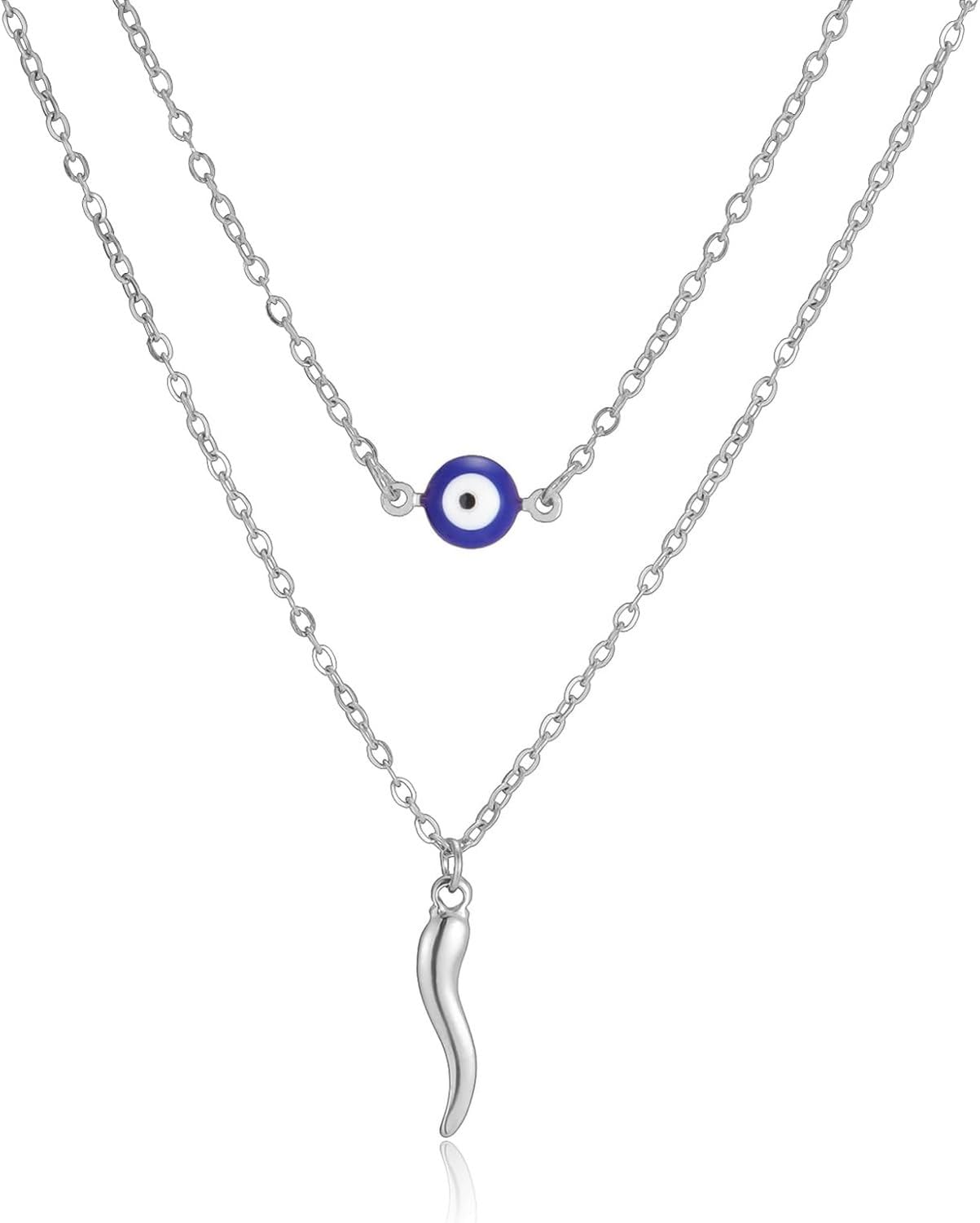 LGBBTI Evil Eye Pendant Necklace Italian Horn Layered Necklaces for Women Turkish Blue Eye Protection Lucky Jewelry Gift for Her, Silver