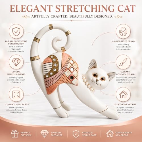 Image of Armonia Charming Stretching Cat Showpiece for Home Decor, Premium Polystone Cat Figurine with Crystal, Pearl & Rose Gold Accents, Decorative Statue for Living Room,Office,Bedroom,Shelf Decor,8.27 Inch