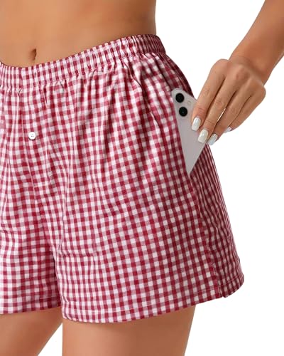 Image of Women Boxer Shorts Summer Gingham Pj Casual Plaid Bottoms with Pocket