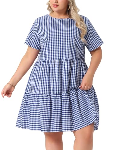 Image of Agnes Orinda Plus Size Gingham Dresses 1950s Vintage Plaid Round Neck Short Sleeve Tiered Midi Summer Dress