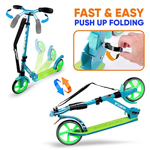 Hurtle Compact Folding Kick Scooter for Teens and Adults, Adjustable Height T-Bar, 8” High Impact Wheels, ABEC-7 Bearings, Lightweight Build with Anti-Slip Alloy Deck, Mud Guard, Rear Brake, Teal Blue by Hurtle - Used condition - Image 3