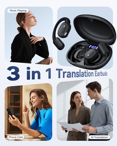 ai translation earbuds real time 164 languages translator earbuds with 80h play time 3 in 1 open-ear translation headphones with audio amp video translation for travel business meeting learning black