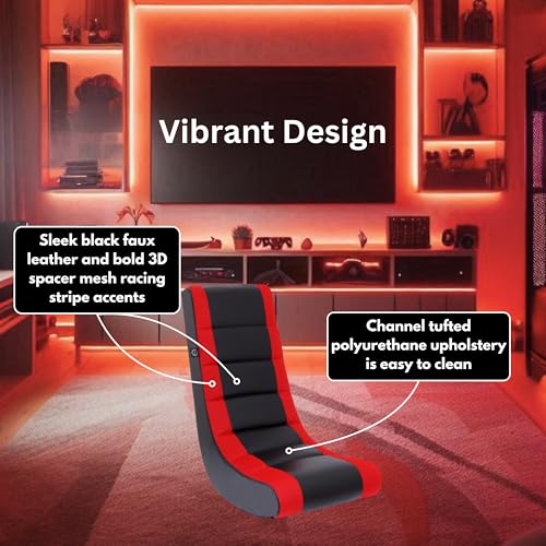 Image of The Crew Furniture Classic Video Rocker Floor Gaming Chair, for Kids and Teens, PU Faux Leather & Polyester Mesh, Black /Red
