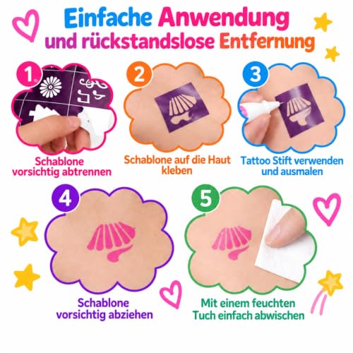 Tattoo Stifte 6 Farben Glitzer Set für Kinder, Glitzer Tattoo für die Haut, Tatoostift mit 8 Schablonen 80 Muster und Gesicht edelstein für… – Ansicht 4