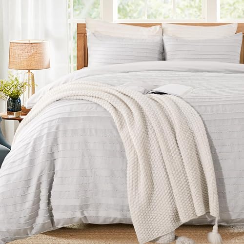 Image of NEXHOME PRO Duvet Cover,Light Grey 3 Pieces Boho Tufted Duvet Cover Set, Soft and Lightweight 100% Washed Microfiber Comforter Cover Set for All Season(Light Grey Cal King, 104 x 98)-No Comforter