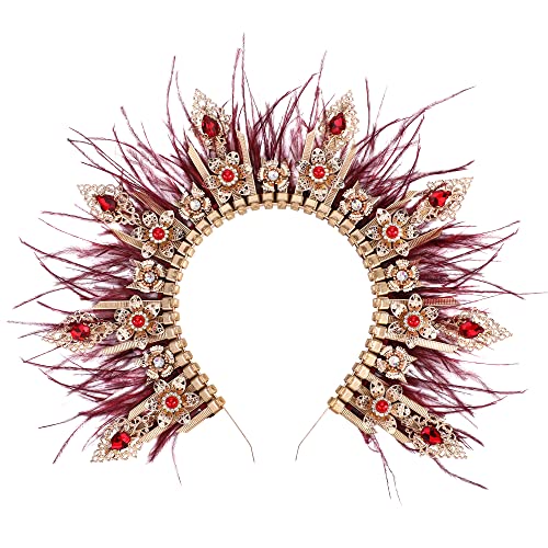 COSUCOS Greek Goddess Halo Crown - Princess Red Feather Headpiece Sunburst Spiked Zip Tie Headband Renfaire Queen Headwear for Woman Wedding Cosplay Costume Halloween Carnival Shows