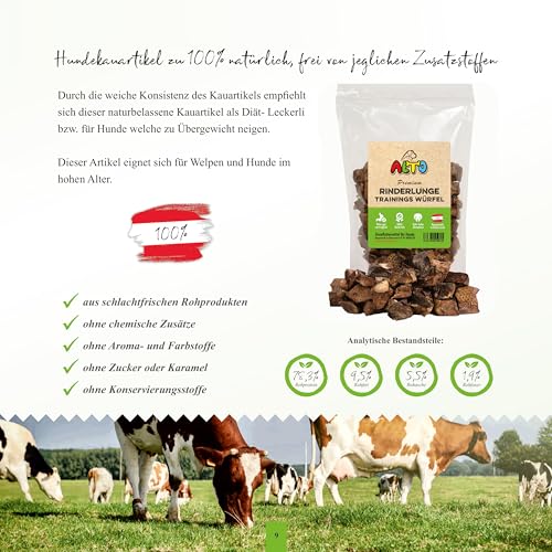 ALTO - Premium Trainingsleckerli für Hunde - getrocknete Rinderlunge Würfel klein 200g - Natürliches Hundeleckerli getreidefrei - für Hundetraining, Leckerlitasche für Hunde, Welpen Leckerlies