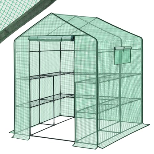 Sekey Gewächshaus 200x145x145 cm, Foliengewächshaus Stabil, Gewächshaus Balkon mit 10 Regalböden für optimales Pflanzenwachstum, Grün, XXL