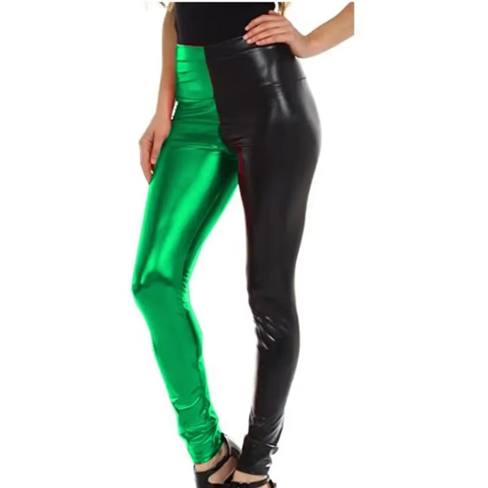 Damen-Stretch-Hose, zweifarbig, glänzende Leder-Leggings, kontrastfarbene Stoffbahnen, Skinny-Hose mit hoher Taille, Kunstleder, Tanz-Yogahose