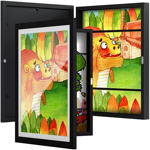 BAIJIALI Black Art Frames for Kids Artwork - Front Opening Holds 150 Drawings, 3D Crafts - 2 Packs 8.5x11 with mat or 9x12 without Mat