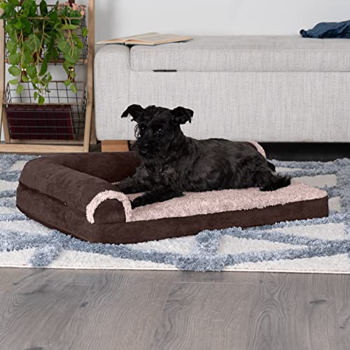 Image of Furhaven Cooling Gel Dog Bed for Medium /Small Dogs w / Removable Bolsters & Washable Cover, For Dogs Up to 35 lbs - Two-Tone Plush Faux Fur & Suede L Shaped Chaise - Espresso, Medium