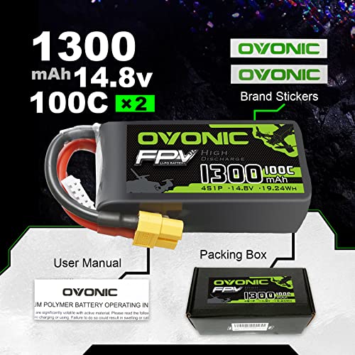 OVONIC 4s Lipo Battery 100C 1300mAh 14.8V Lipo Battery with XT60 Connector for RC FPV Racing Drone Quadcopter(2 Packs)