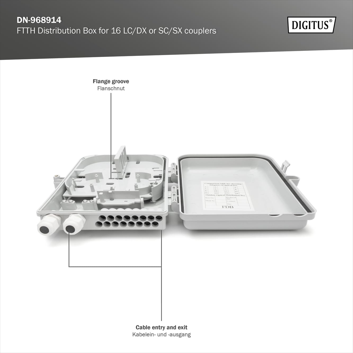 DIGITUS Scatola di distribuzione FTTH da esterno - 16x LC/Duplex o 16x SC/Simplex - Classe di protezione IP65 - Cassetta di giunzione per fibra ottica - Grigio