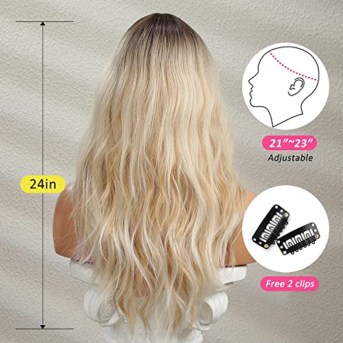 OUFEI Blonde Wigs for Women Long Curly Wig With Bangs Wavy wig with Dark Roots Natural Synthetic Hair for Daily Party Cosplay Wear-24 Inches - Image 4
