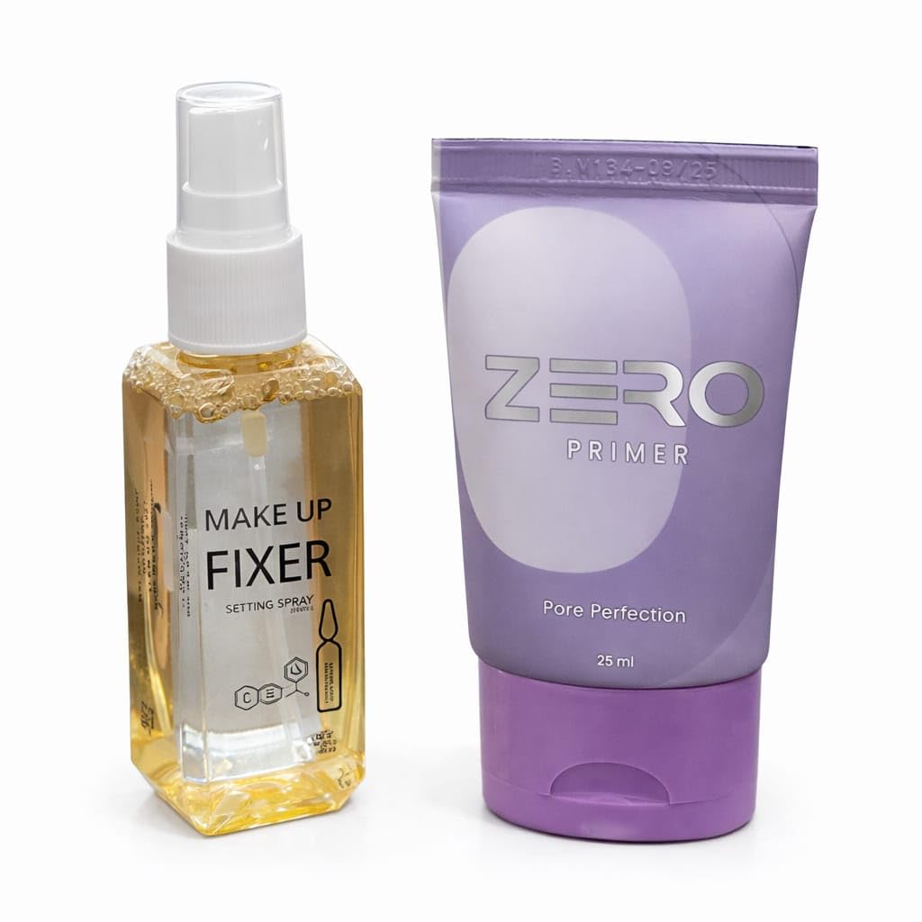 Makeup Primer & Makeup Fixer Setting Spray Combo | Pore Minimizing Face Primer + Long Lasting Makeup Setting Spray | Smooth Base, Oil Control, Waterproof Finish | Lightweight Makeup Prep & Lock Duo for Women (25ml + 60ml)-image-7