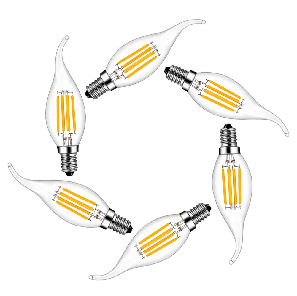 Menta Warm White 2700K 6 Pcs E14 4W Led Candle Filament Bulbs, 40W Equivalent, Warm White(2700K) Candelabra Light Bulb, Non-Dimmable, Small Edison Screw Candle Light Bulb