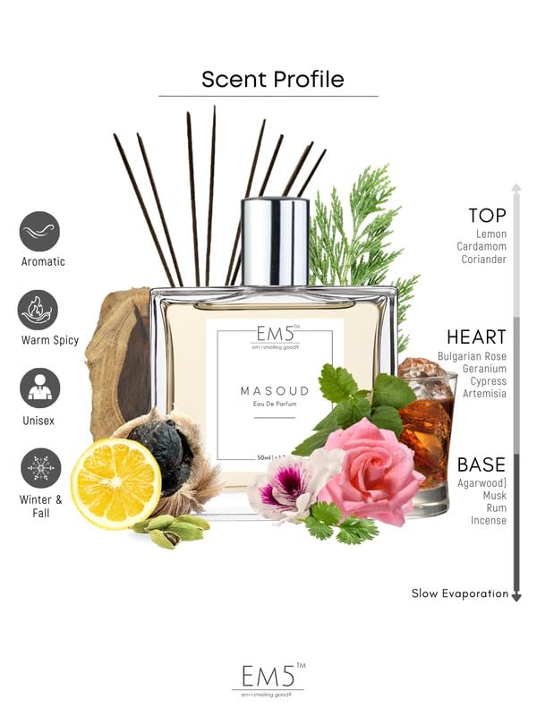 Image of EM5 Masoud Unisex Perfume | Eau De Parfum Spray for Men & Women | Rose Oud Warm Spicy Fragrance | Luxury Gift for Him /Her