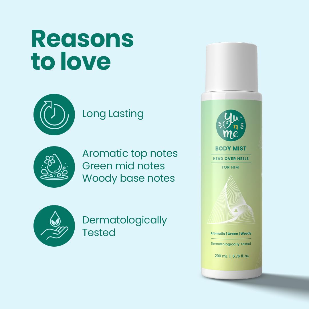 Yu n Me Head over Heels Body Mist for Men Long Lasting Fragrance With Aromatic, Green, Woody Notes Skin Friendly Dermatologically Tested 200ml