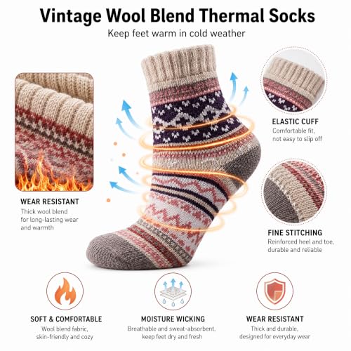Image of Winter Women Socks 5 Pairs Vintage Wool Casual Thermal Crew Socks