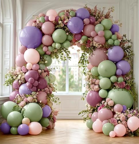 Image of Dusty Green Purple Pink Balloon Garland Double Stuffed Pastel Light Green Pink Lavender Lilac Balloon Arch Kit Mauve Blush Balloons for Baby Shower Wildflower Birthday Wedding Summer Tea Party Decor