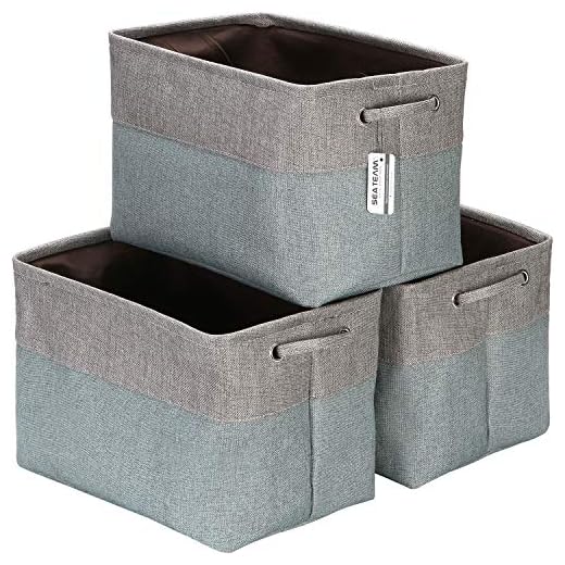 Sea Team 3-Pack Large Storage Basket Set, Trunk Organizer, Clothes Toys Bin, 15 x 10 x 10 Inches, Big Rectangular Canvas Fabric Collapsible Shelf Box with Handles for Kids Room (Grey/Stone Blue)