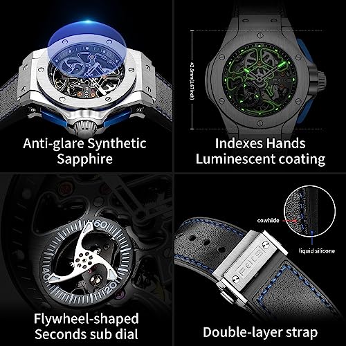 Image of FEICE Skeleton Automatic Watch Men Analog with Stainless Steel Sapphire Mirror Black Silicone Strap FM701, Silver, Modern