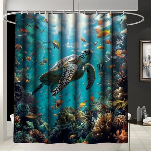 4Pcs Sea Turtle Bathroom Set - Ocean Turtle Bathroom Shower Curtain Sets with 12 Hooks, 70" x 70"