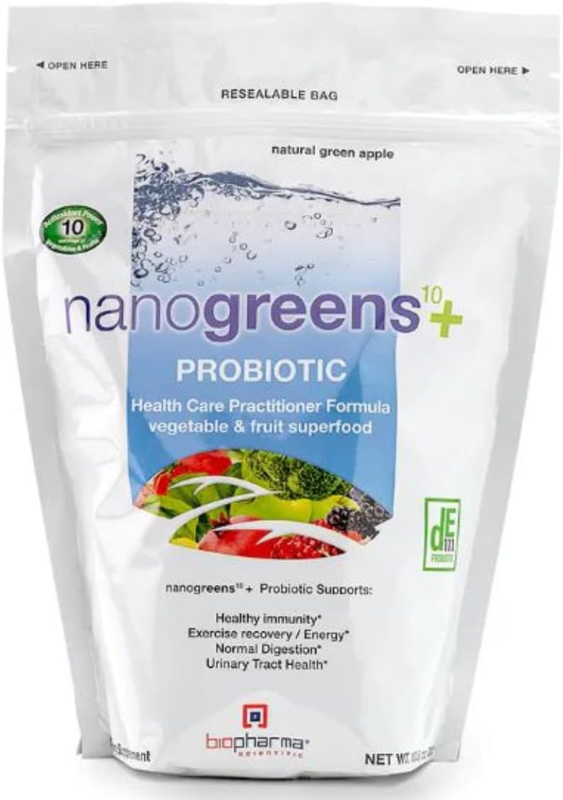 NanoGreens + Probiotic Superfood Powder | Greens, Fruits & Vegetables | 5 Billion CFU Probiotics for Gut & Digestive Health | Spirulina, Chlorella | Green Apple Flavor | 30 Servings