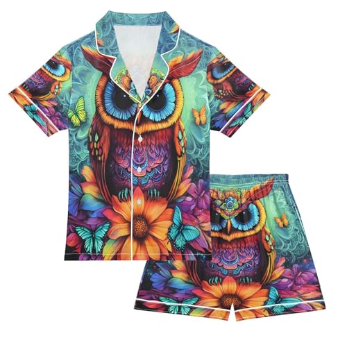 ALAZA Ethnic Owl Blossom Butterfly Satin Pajamas Set Short Sleeve Button Down Sleepwear Summer Pjs 2 Piece - Main Image