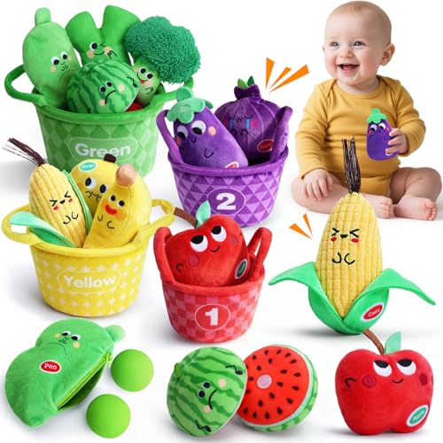 Image of Sensory Bean Bags, Play Food for Toddler, My First Fruit Vegetable Basket Texture Sensory Toys with Crinkle Rattle, Color Sorting Matching Game, Easter Soft Plush Stocking Stuffers Baby Boy Girl