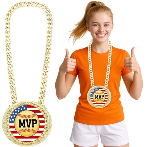 Highergo Softball Chain MVP Medal Award 6 Sports MVP Turnover Chain Oversized Gold Champion Award Trophy Necklace for Team Champion Sports Competitions Achievements Athlete Prize Gifts