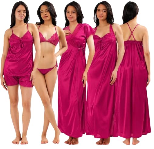 Women's Satin Solid Nighty Set with Robe, Bra, Panty & Shorts | V-Neck Halter Style Long Nighty-picture-21