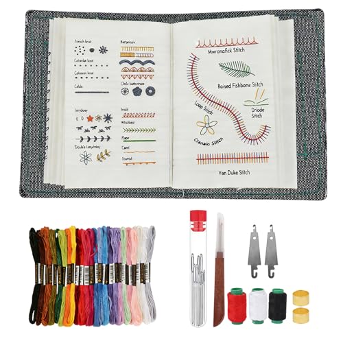 XAVURO Libro de Bordado para Hacerlo Mismo, Libro de Puntos de Bordado para Adultos Principiantes, Kit de Bordado DIY con 143 Guías de Puntos, 24 Colores de Hilo de Bordado y Juego de 34 Agujas de Cos