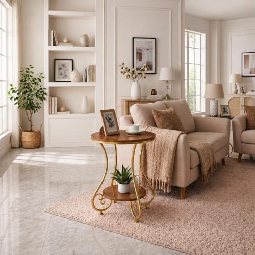 Image of CARTADEN 2 Tier End Table in Living Room, Industrial Style Round Bedside Table with Storage, Small Outdoor Coffee Table for Bedroom Balcony Patio Gold Brown