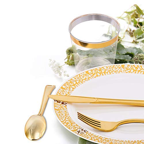 150 Piece Gold Dinnerware Set, Elegant Lace Disposable Plastic Plate Include:25 Dinner Plates, 25 Dessert Plates, 25 Forks, 25 Knives, 25 Spoons, 25 Cup, Ideal For Halloween, Thanksgiving, Christmas #TOP1