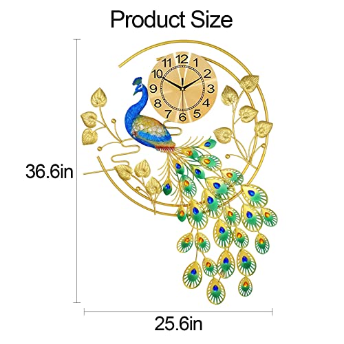Image of Large Peacock Wall Clock 36.6 inch Metal Design Non-Ticking Silent Art Digital Wall Clocks for Living Room Decor (Yellow&Green)