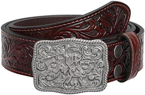 TRIWORKS Western Belts for Women Men Cowgirl Cowboy Embossed Engraved Tooled Leather Belt with Buckle for Jeans Pants Rodeo,B-Coffee,Fit Waist Size 32"-36"