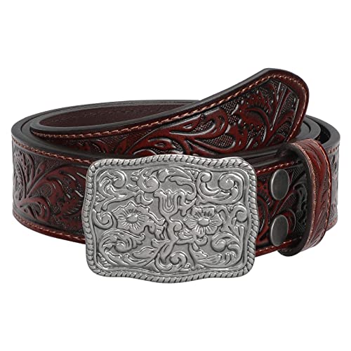 Triworks Western Belts For Women Men Cowgirl Cowboy Embossed Engraved Tooled Leather Belt With Buckle For Jeans Pants Rodeo,B-Coffee,Fit Waist Size 32"-36" #TOP3