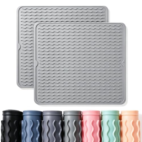 Image of 2 Pack Caketime Silicone Dish Drying Mat for Kitchen Counter Heat Resistant Pads Hot Dishes Waterproof with Under Sink Soap Holder Coffee Bar Accessories Women Gifts Extra Large 18 inchx16 inch Light Gray