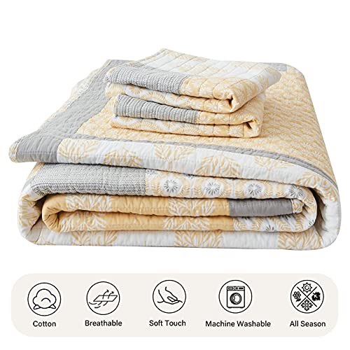 Finlonte Quilts Queen Size, 100% Cotton Lightweight, Real-Patchwork Farmhouse Floral Bedspreads For Queen Bed, Yellow Grey White Reversible Bedding Set All Season, 3 Pieces #TOP5
