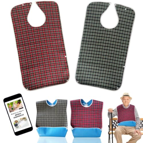 Pack 2 Babero Adulto Impermeable. Baberos Adultos con Corchetes Ajustables y Recogemigas, Fácil Lavado y Limpieza, Protector Ropa para Adultos y Personas Mayores o con Movilidad Reducida (68x35cm)