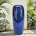 Autodaya 33" Tall Outdoor Garden Fountain with LED Lights, Modern Ceramic Jar Water Fountain, 3D Tropical Leaf Pattern, Cobalt Blue Glaze, Soothing Cascading Waterfall for Relaxing Patio, Yard, Porch