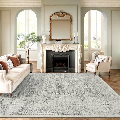 Soalmost Washable Area Rug 8x10, Gray Soft Rug for Living Room Vintage 8x10 Area Rugs for Bedroom Dining Room Floral Non-Slip Thin Grey Rug