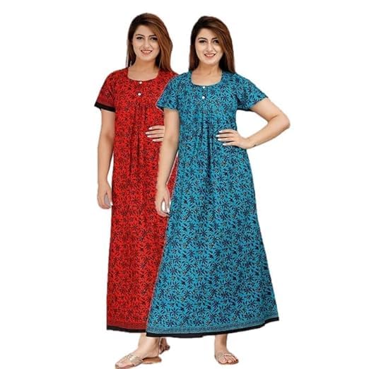 Image of OFEEFAN Cotton Nighty for Women - Pack of 2 Printed Maxi Gowns, Ankle-Length Night Dresses, Soft & Breathable Sleepwear - Free Size