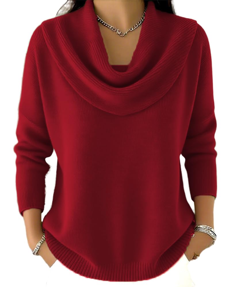 Womens Cowl Neck Sweater Lightweight Solid Color Long Sleeve Knit Pullover Jumper Tops